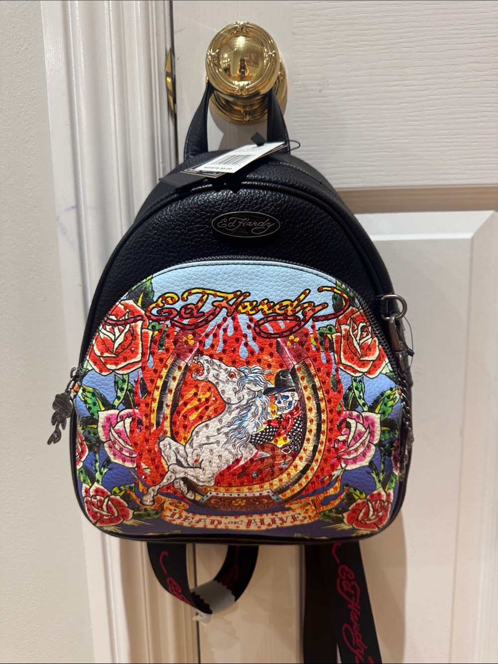 Ed Hardy Black Mini Backpack with Multicolor Unicorn Print